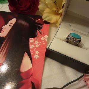 VTG. 925 STERLING 15MM OVAL TURQUOISE RING, 5.5